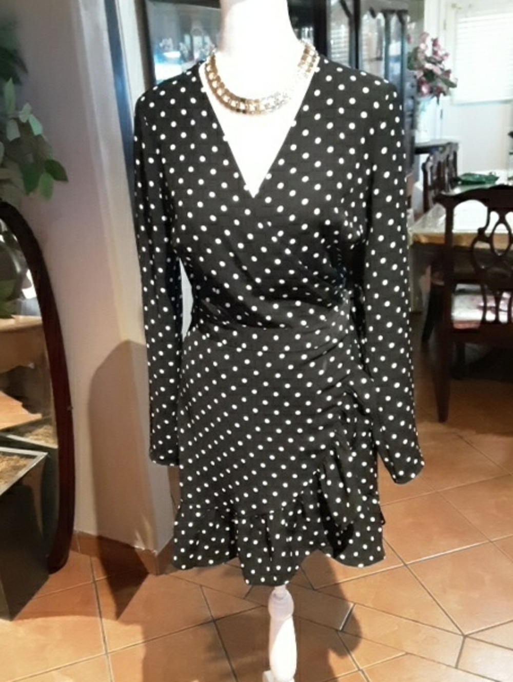 Bershka Black and White Polka Dot Long-Sleeve Wrap Dress